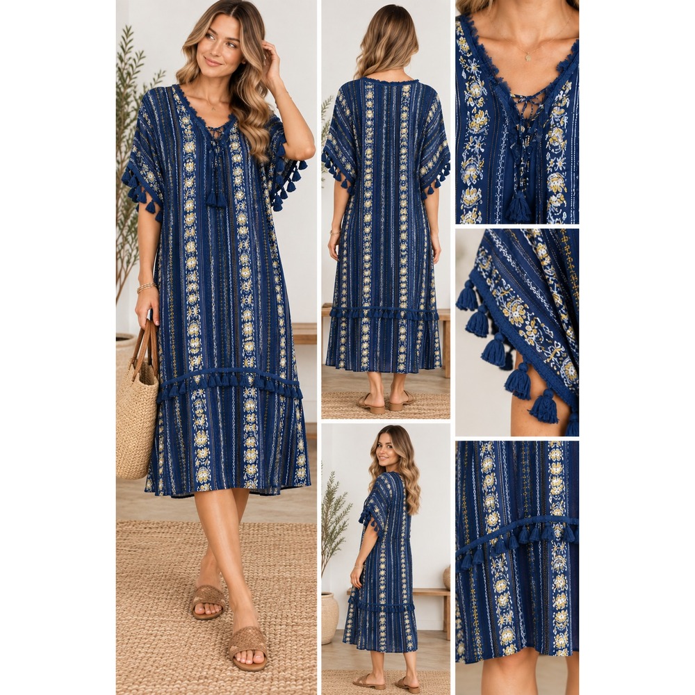 Blue Boho Midi Dress S Floral Tassel Fringe Lace Up High Low Rayon Resort Flowy